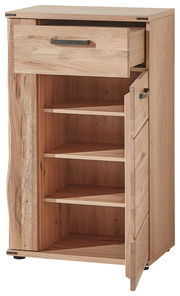 Schuhschrank aus Holz mit geöffneter Schublade und Tür, seitliche Perspektive