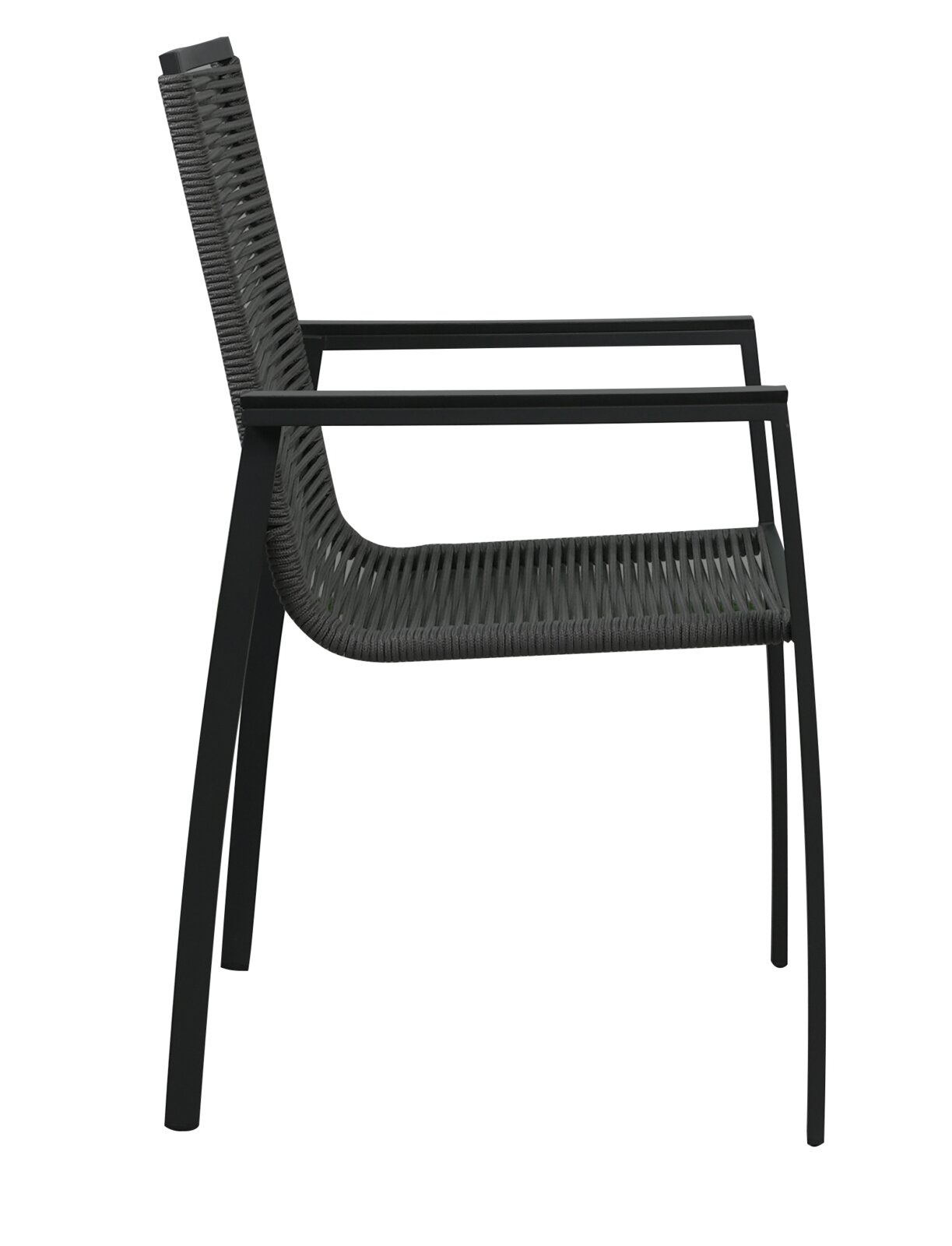 Seitliche Ansicht eines modernen Gartensessels mit schwarzem Metallrahmen und geflochtener Sitzfläche.