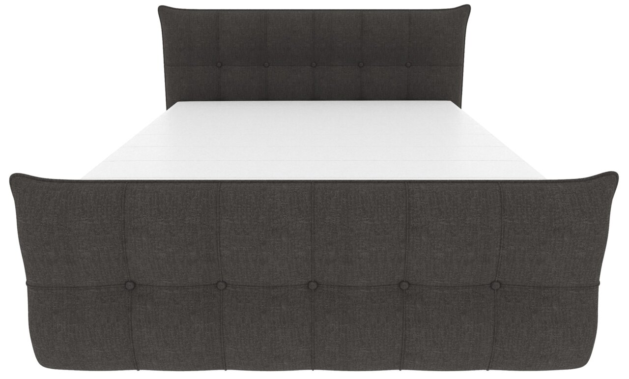 Gepolstertes Doppelbett mit dunkelgrauem, stoffbezogenem Kopf- und Fußteil mit Knopfheftung, Ansicht von vorne leicht von oben auf die Liegefläche