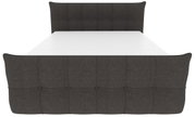 Gepolstertes Doppelbett mit dunkelgrauem, stoffbezogenem Kopf- und Fußteil mit Knopfheftung, Ansicht von vorne leicht von oben auf die Liegefläche