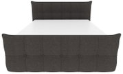 Gepolstertes Doppelbett mit dunkelgrauem, stoffbezogenem Kopf- und Fußteil mit Knopfheftung, Ansicht von vorne leicht von oben auf die Liegefläche