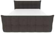 Gepolstertes Doppelbett mit dunkelgrauem, stoffbezogenem Kopf- und Fußteil mit Knopfheftung, Ansicht von vorne leicht von oben auf die Liegefläche