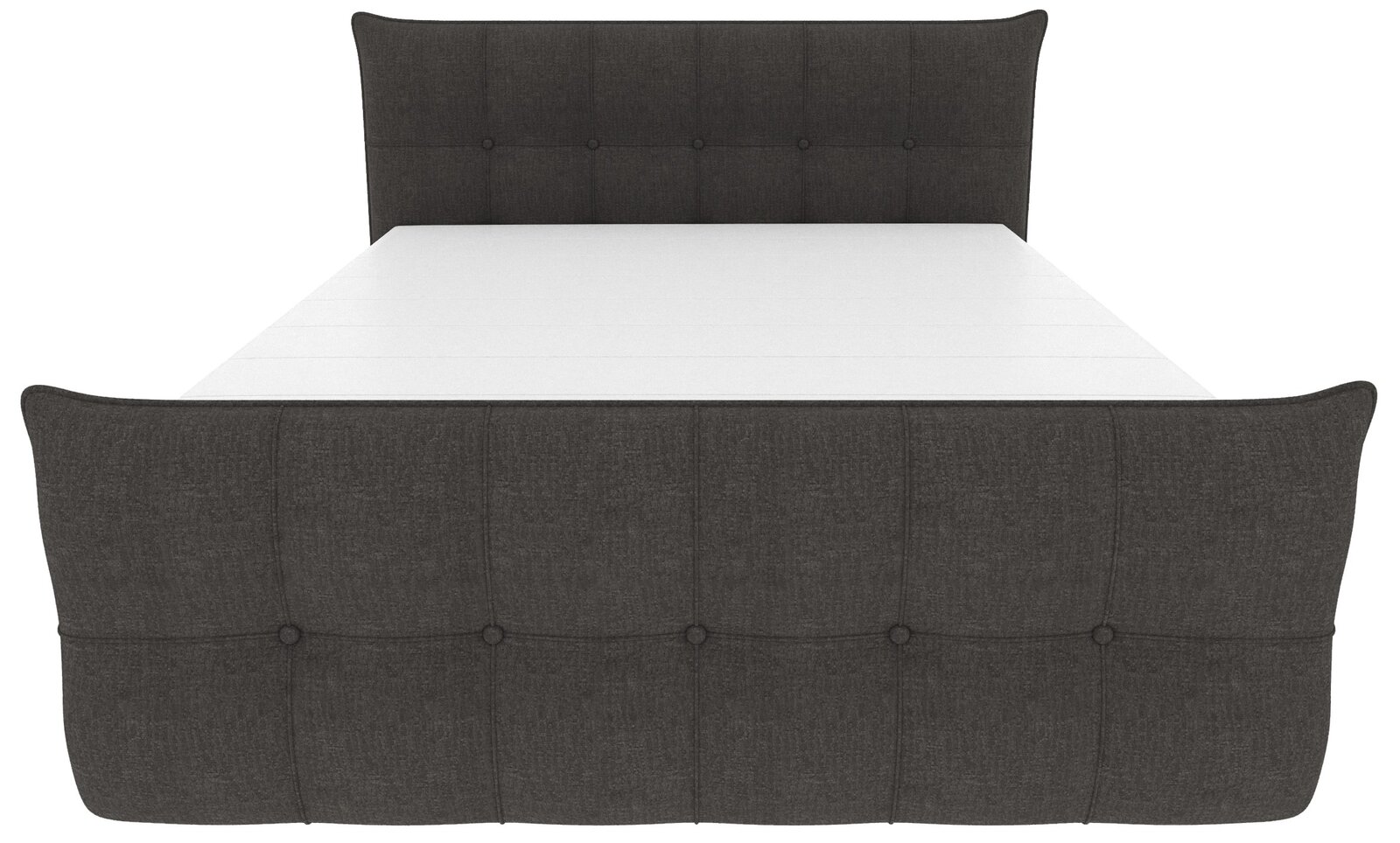 Gepolstertes Doppelbett mit dunkelgrauem, stoffbezogenem Kopf- und Fußteil mit Knopfheftung, Ansicht von vorne leicht von oben auf die Liegefläche