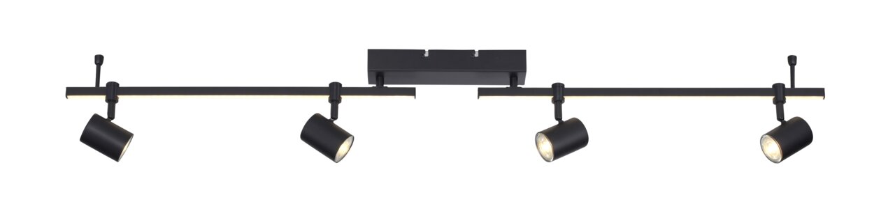 Moderne schwarze Wand- und Deckenleuchte mit vier verstellbaren Strahlern, seitliche Perspektive