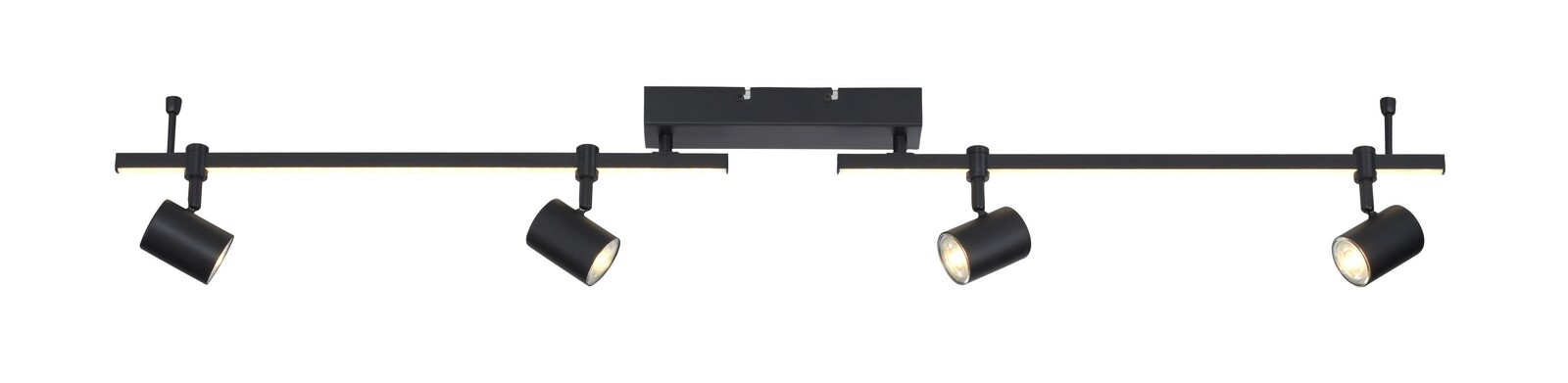 Moderne schwarze Wand- und Deckenleuchte mit vier verstellbaren Strahlern, seitliche Perspektive