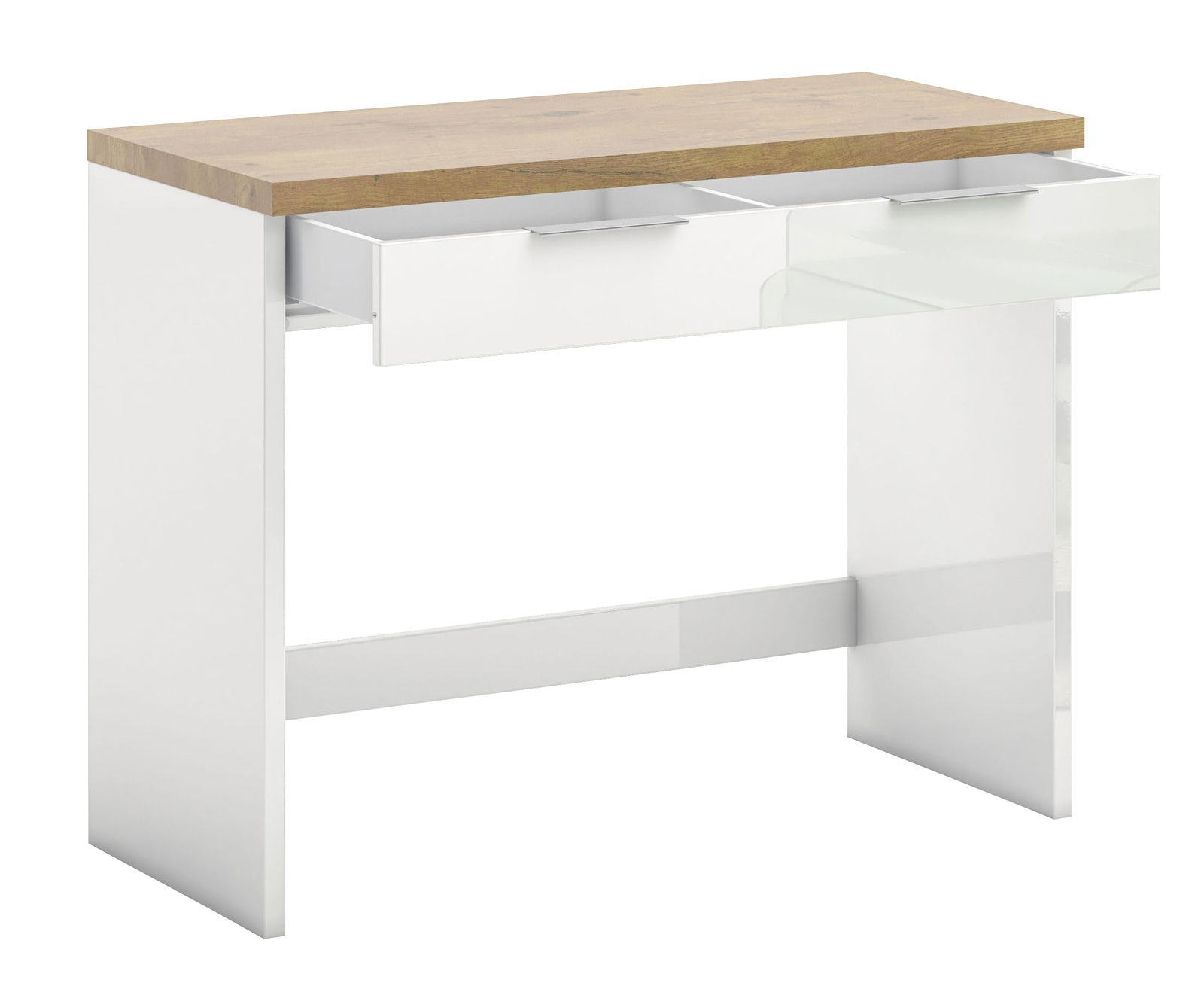Moderner Konsolentisch mit weißem Korpus und Holzplatte, seitliche Perspektive