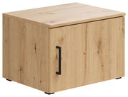Holzfarbener Aufsatzschrank mit schwarzem Griff, seitliche Perspektive