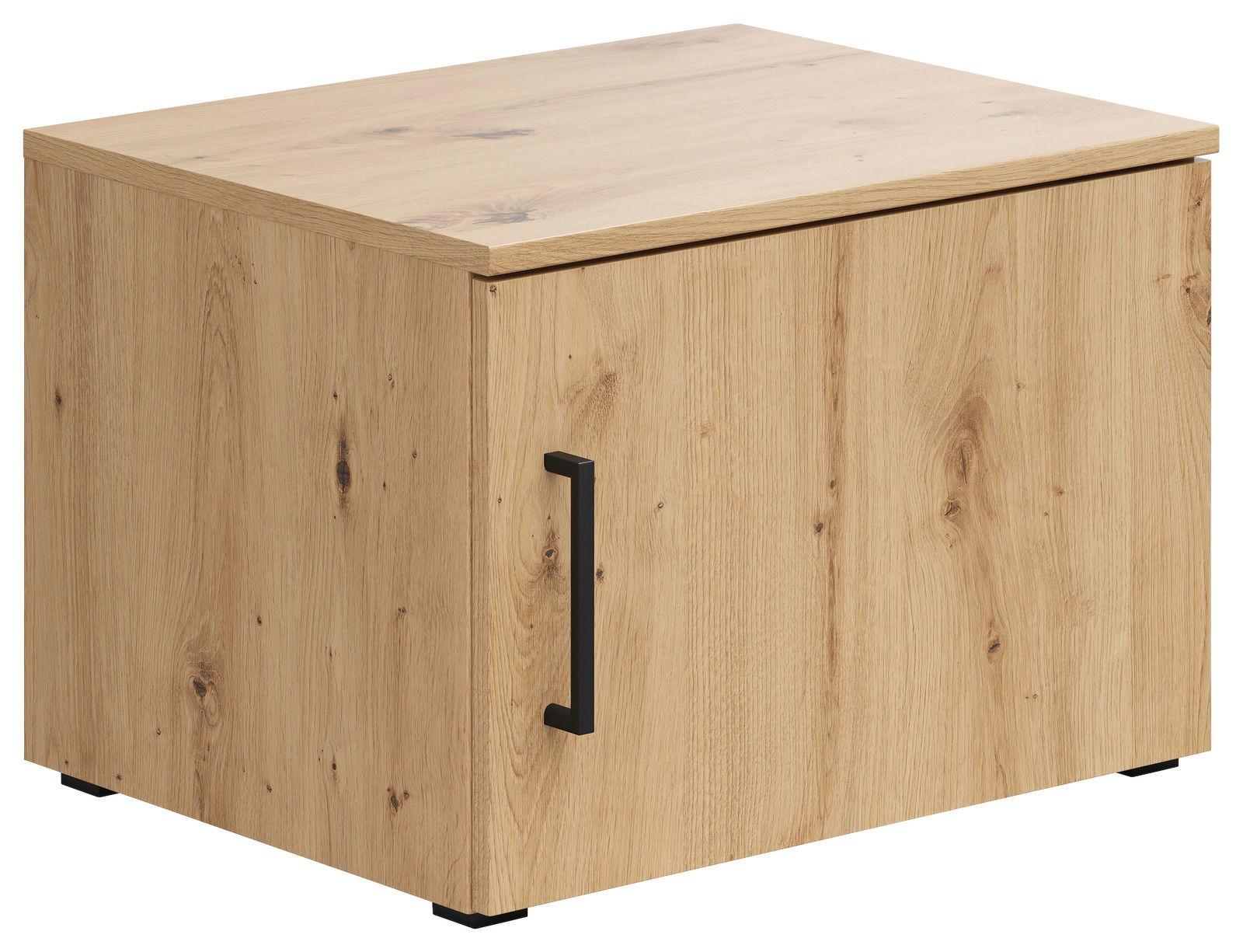 Holzfarbener Aufsatzschrank mit schwarzem Griff, seitliche Perspektive