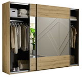 Schwebetürenschrank 2-türig in Holzoptik mit Spiegel, offene Türen zeigen Kleidung und Accessoires, seitliche Perspektive