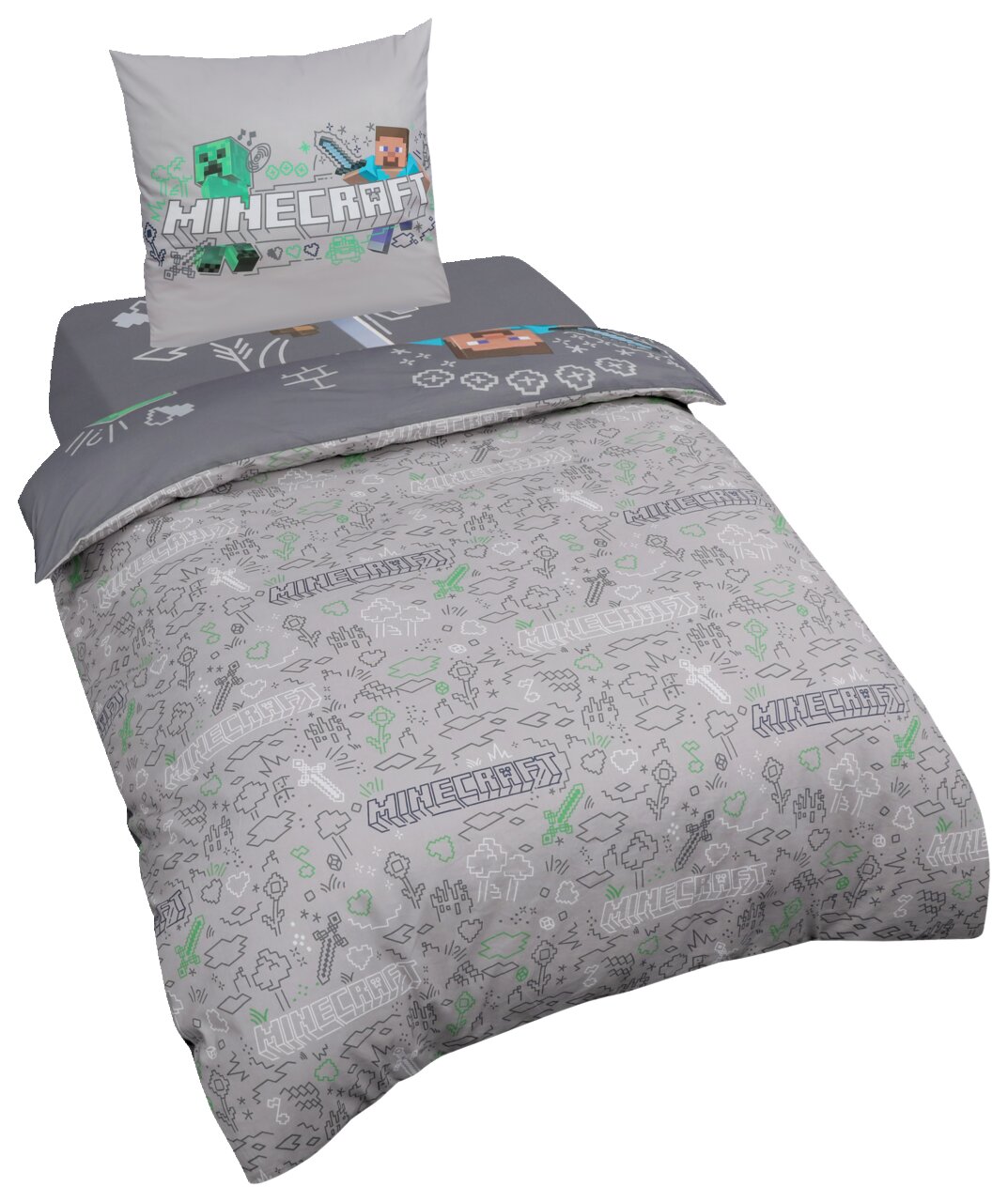 Graue Minecraft-Bettwäsche mit Allover-Print und passendem Kissenbezug, schräg von vorne in leichter Draufsicht dargestellt