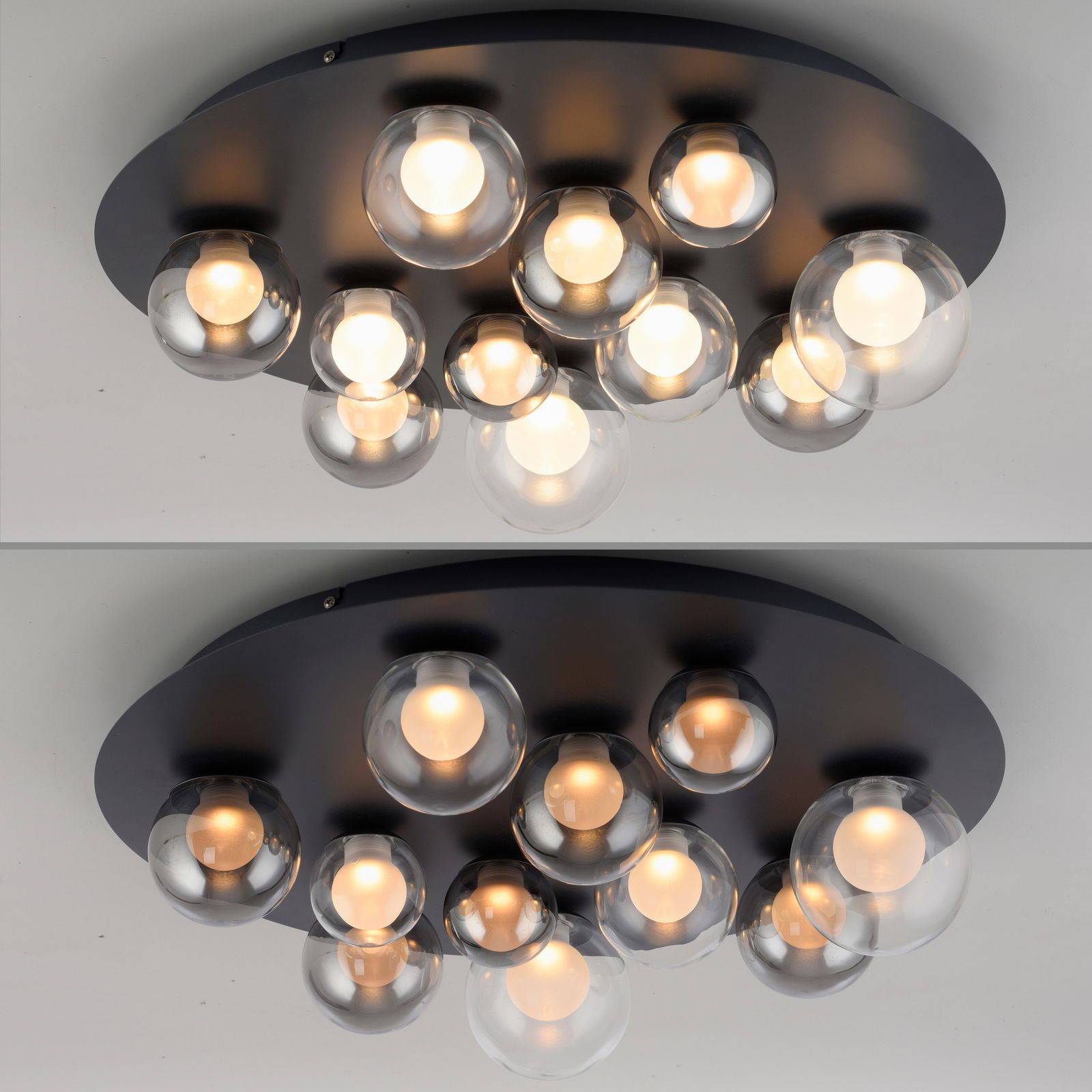 Moderne LED-Deckenleuchte mit mehreren kugelförmigen Glaskörpern, von unten betrachtet.