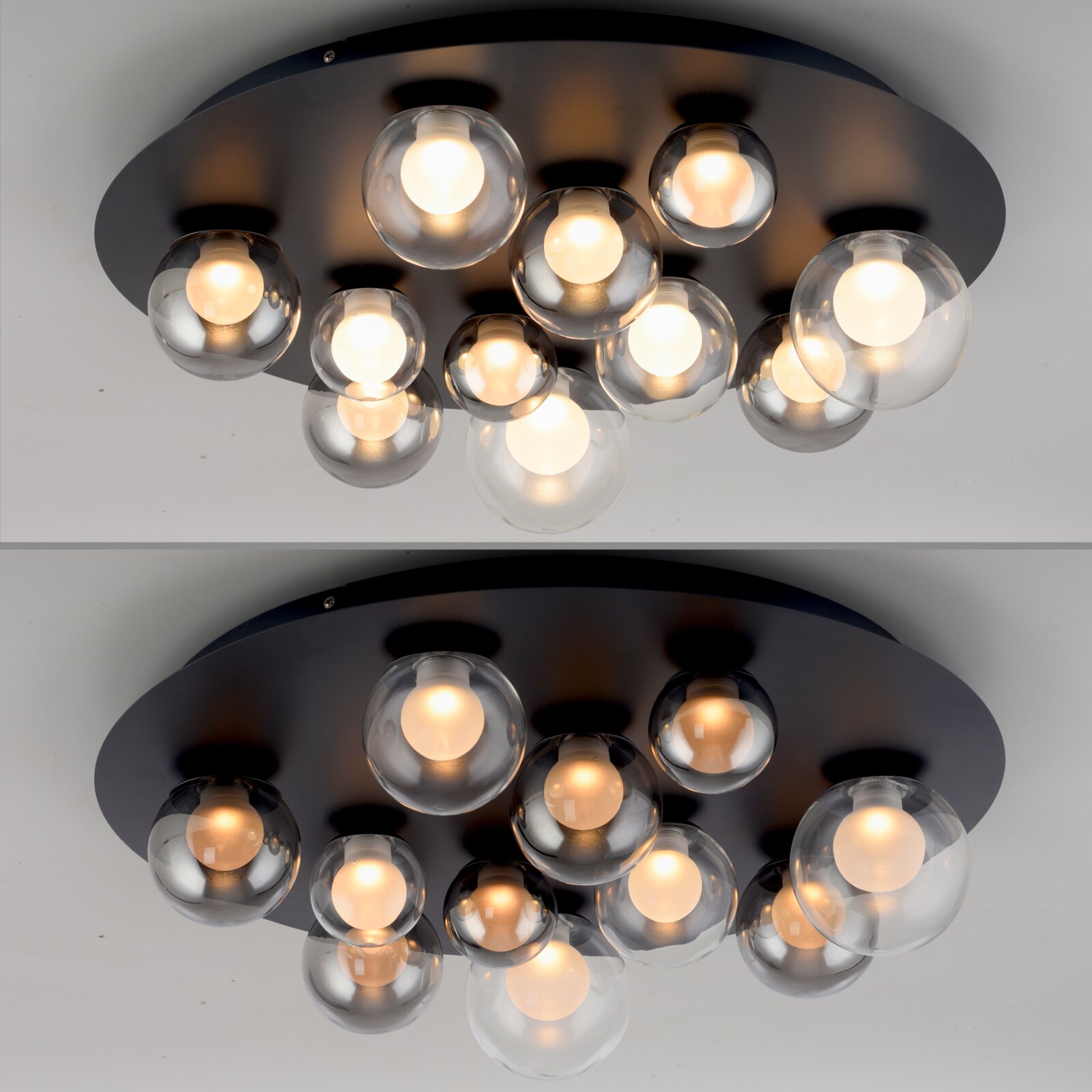Moderne LED-Deckenleuchte mit mehreren kugelförmigen Glaskörpern, von unten betrachtet.