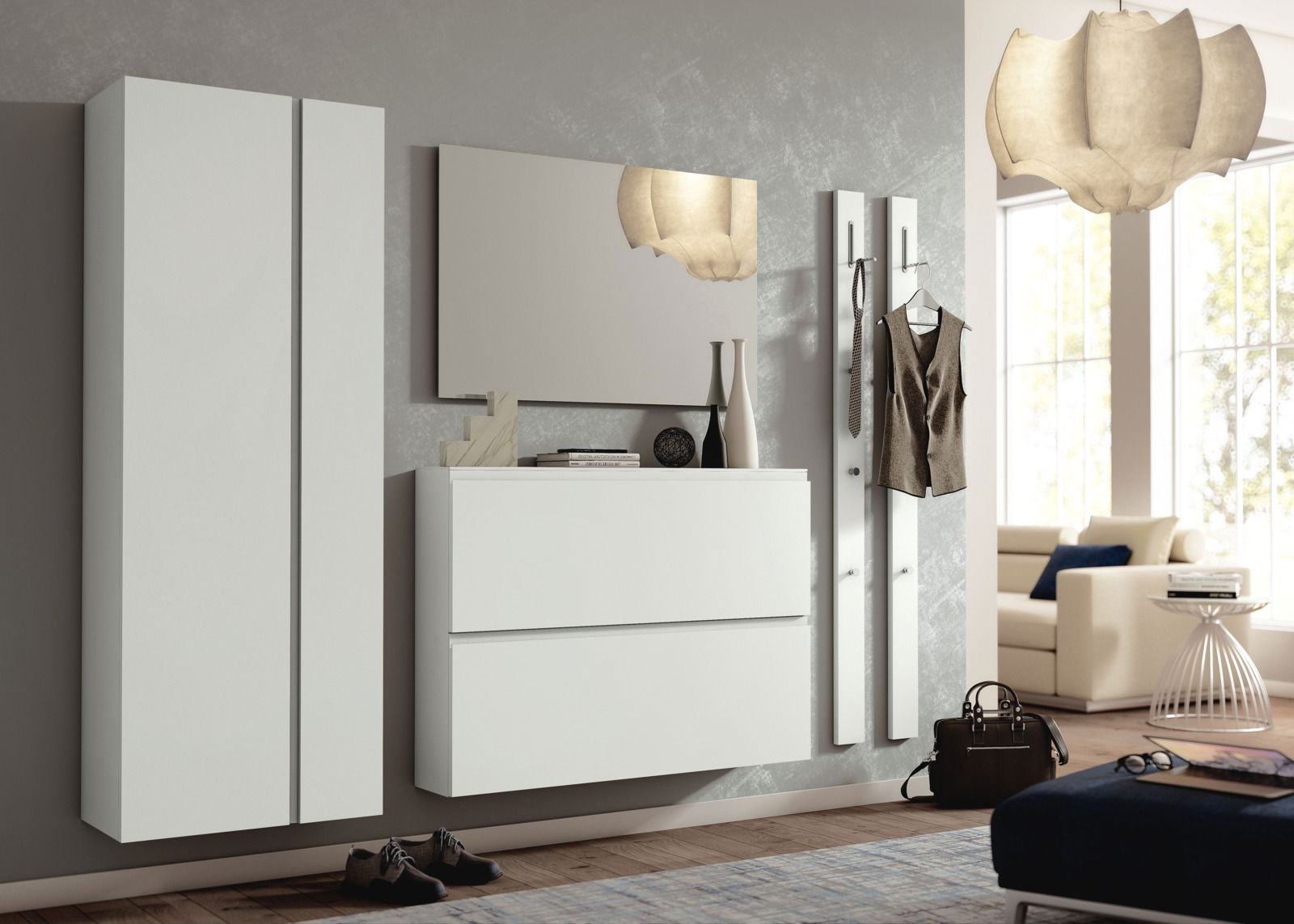 Moderano Garderoben-Set LECCO Modernes Garderobenset in Weiß mit Hängeschrank, Spiegel und Kleiderhaken, seitliche Perspektive