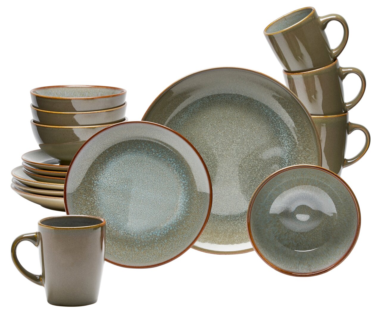 Kombiservice 16-tlg. in erdigen Tönen, bestehend aus Tellern, Schalen und Tassen, aus seitlicher Perspektive fotografiert.