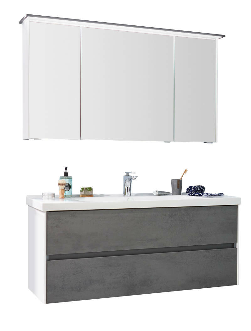 Moderne Badkombination bestehend aus einem dreiteiligen Spiegelschrank und einem Waschtisch mit zwei Schubladen in Betonoptik, frontal abgebildet.
