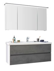 Moderne Badkombination bestehend aus einem dreiteiligen Spiegelschrank und einem Waschtisch mit zwei Schubladen in Betonoptik, frontal abgebildet.