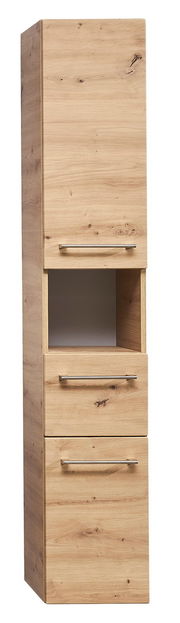 Hochschrank aus Holz mit drei Schubladen und einem offenen Fach, frontal betrachtet.