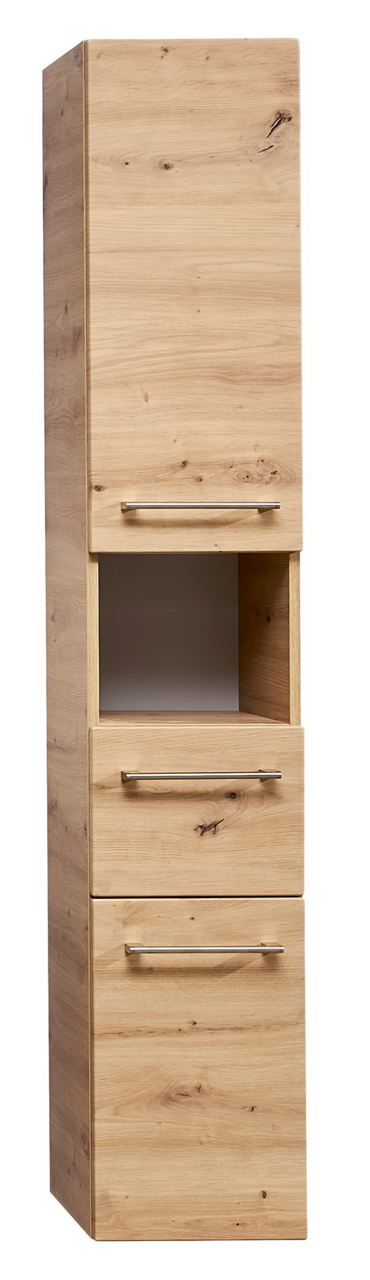 Hochschrank aus Holz mit drei Schubladen und einem offenen Fach, frontal betrachtet.