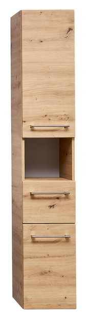 Hochschrank aus Holz mit drei Schubladen und einem offenen Fach, frontal betrachtet.