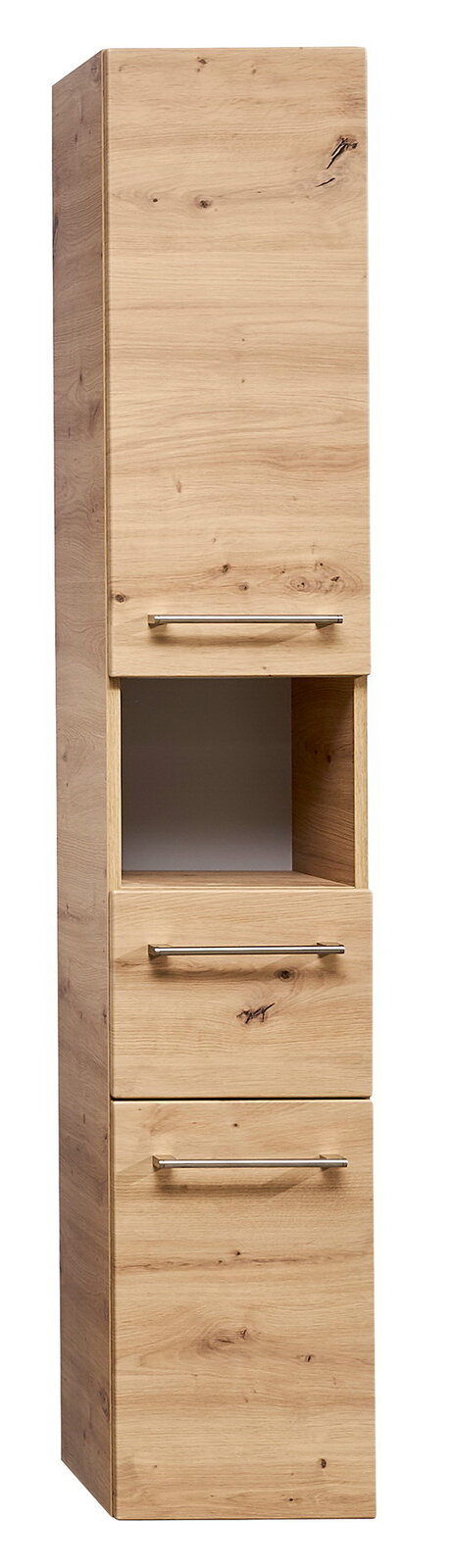 Hochschrank aus Holz mit drei Schubladen und einem offenen Fach, frontal betrachtet.