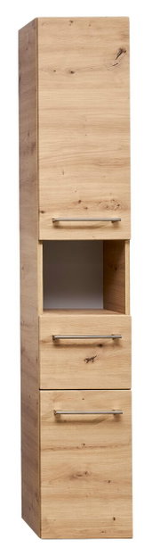 Hoge houten kast met drie lades en een open vak, gezien vanaf de voorkant.