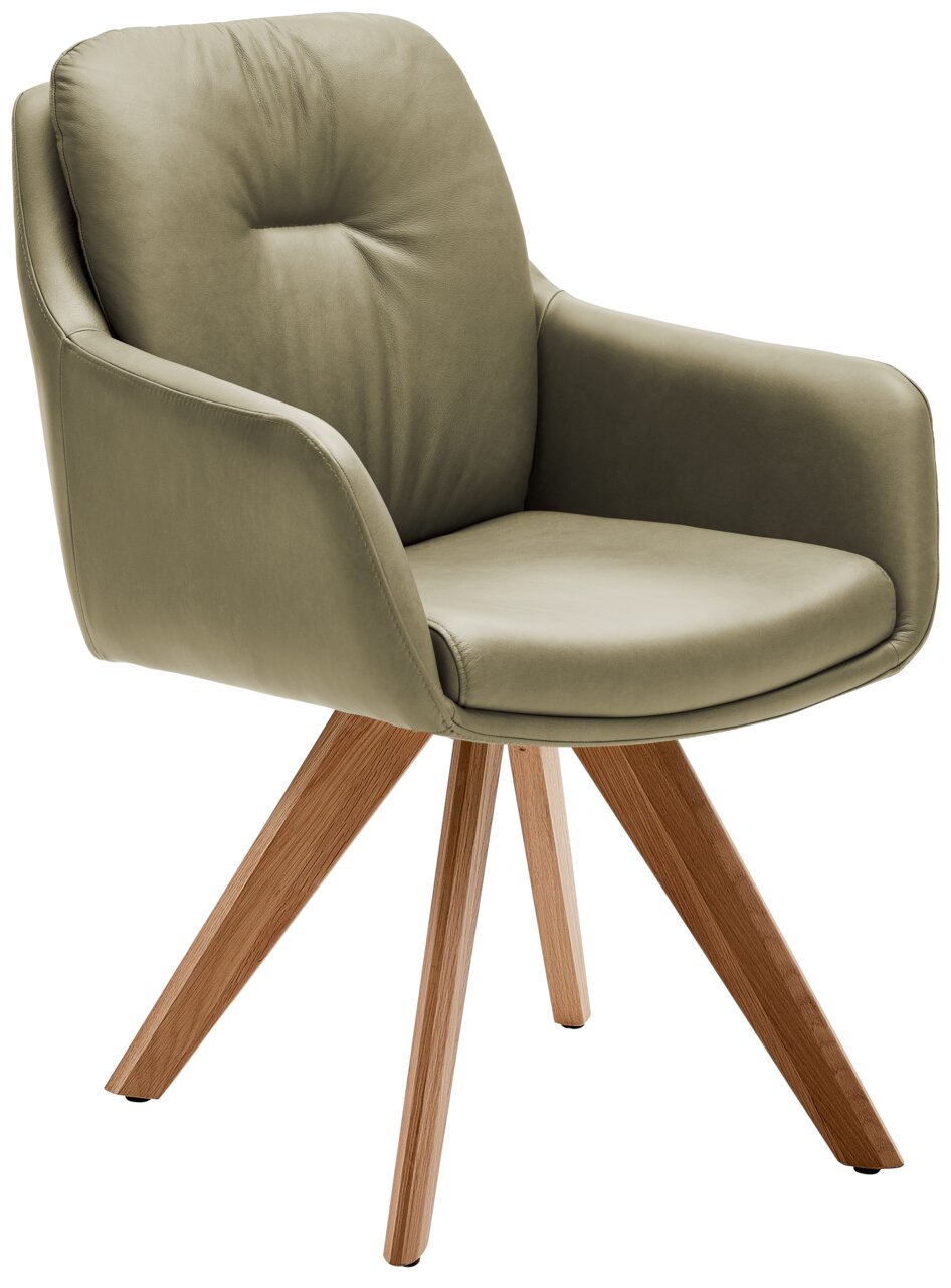 Moderner Armlehnstuhl mit olivgrünem Polster und Holzbeinen, seitliche Perspektive