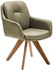 Moderner Armlehnstuhl mit olivgrünem Polster und Holzbeinen, seitliche Perspektive