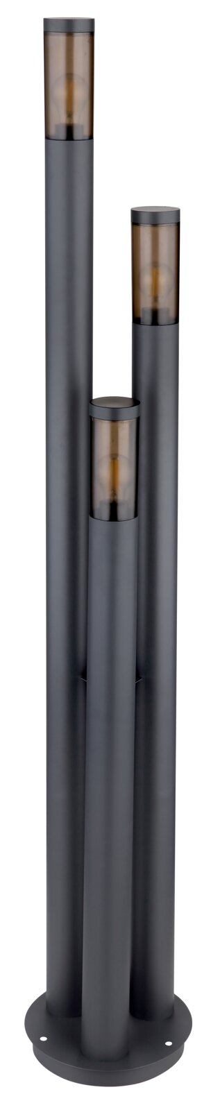 Moderne Außenleuchte mit drei unterschiedlich hohen, zylindrischen Lichtquellen, frontal betrachtet.