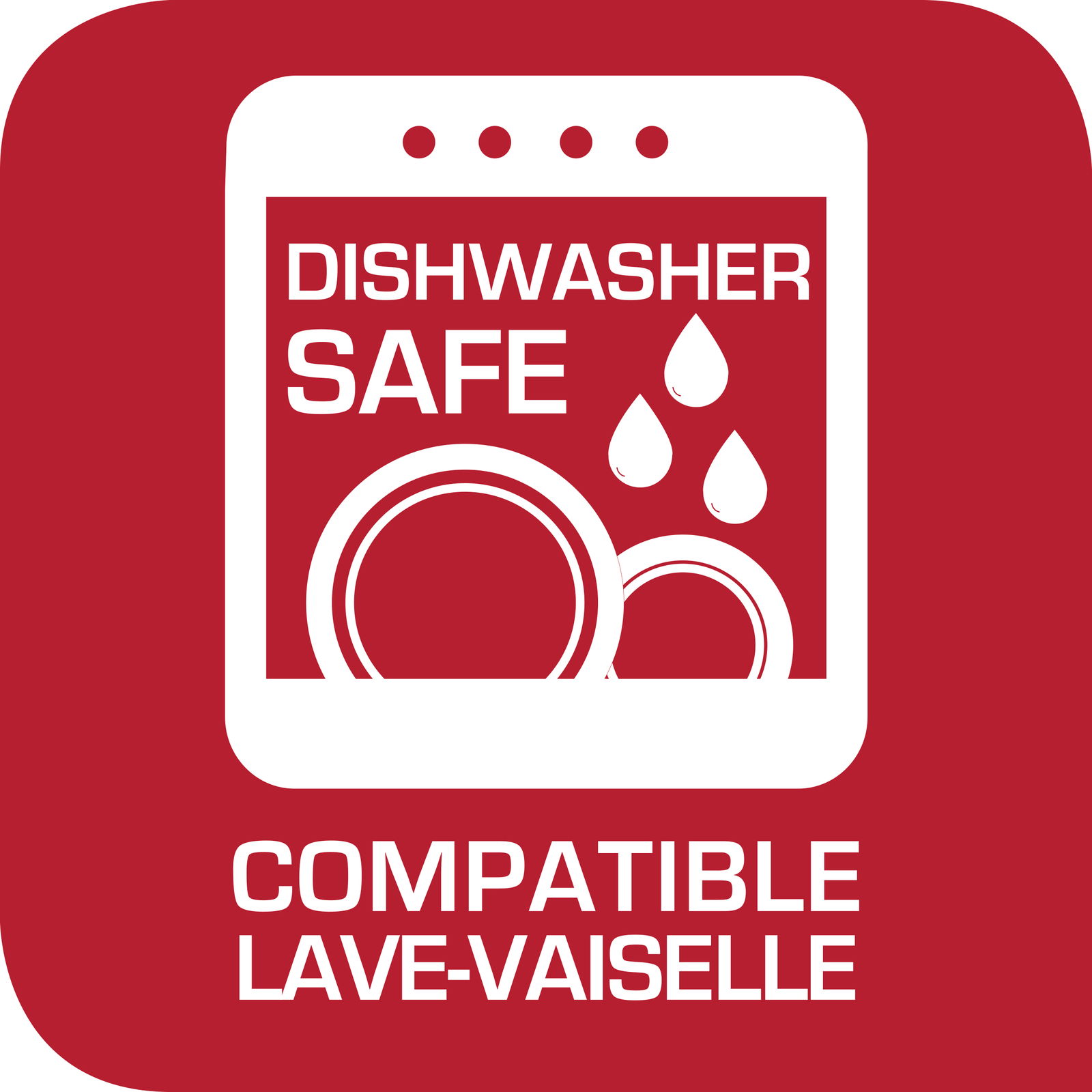 Symbol für Spülmaschinenfestigkeit auf rotem Hintergrund, Vorderansicht
