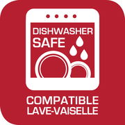 Symbol für Spülmaschinenfestigkeit auf rotem Hintergrund, Vorderansicht