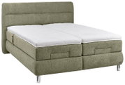 Modernes Doppel-Boxspringbett mit olivgrünem Stoffbezug, hohem gepolstertem Kopfteil, zwei weißen Toppern und chromfarbenen Füßen, in schräger Vorderansicht.
