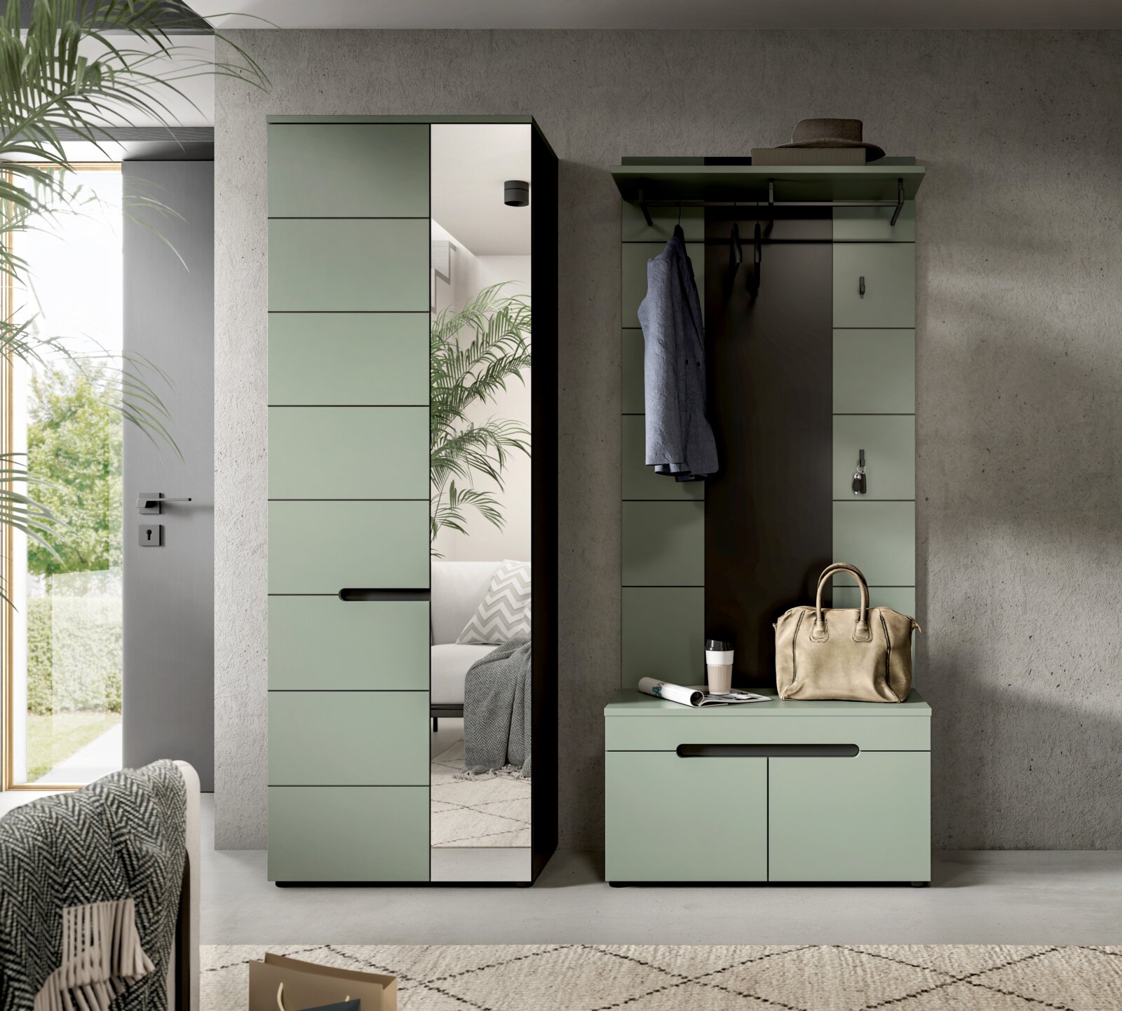 Modernes Flur-Garderoben-Set in Salbeigrün mit Spiegel-Schrank, Garderobenpaneel mit Hutablage und Haken sowie Sitzbank mit Stauraum, frontal in leicht schräger Perspektive fotografiert