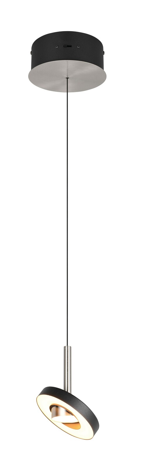 Moderne Pendelleuchte mit schwarzem Baldachin und verstellbarem, ringförmigem Leuchtkörper, seitliche Perspektive.