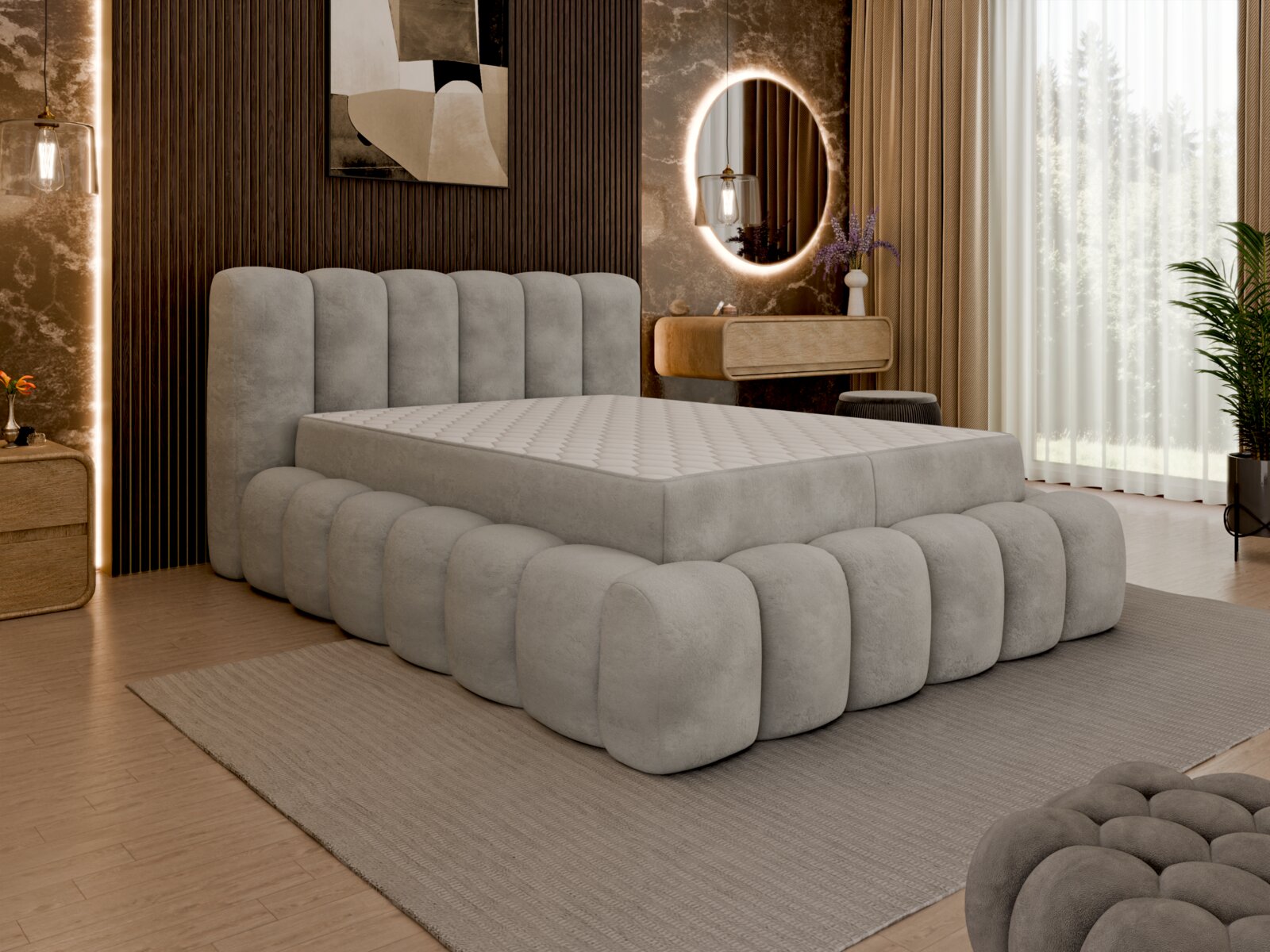 Modern gestoffeerd bed in een stijlvolle slaapkamer, zijaanzicht