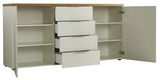 Weißes Sideboard mit Holzplatte, offenen Schubladen und Türen, Frontalansicht