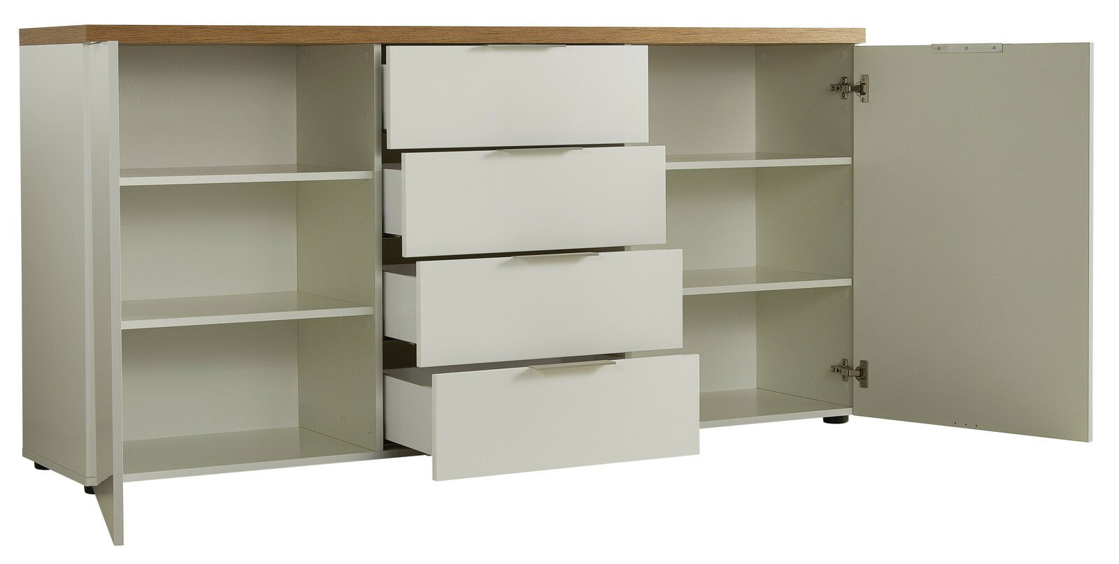 Weißes Sideboard mit Holzplatte, offenen Schubladen und Türen, Frontalansicht