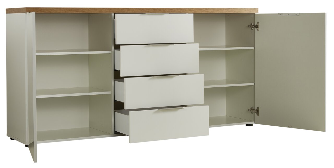 Weißes Sideboard mit Holzplatte, offenen Schubladen und Türen, Frontalansicht