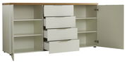 Weißes Sideboard mit Holzplatte, offenen Schubladen und Türen, Frontalansicht