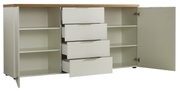 Weißes Sideboard mit Holzplatte, offenen Schubladen und Türen, Frontalansicht