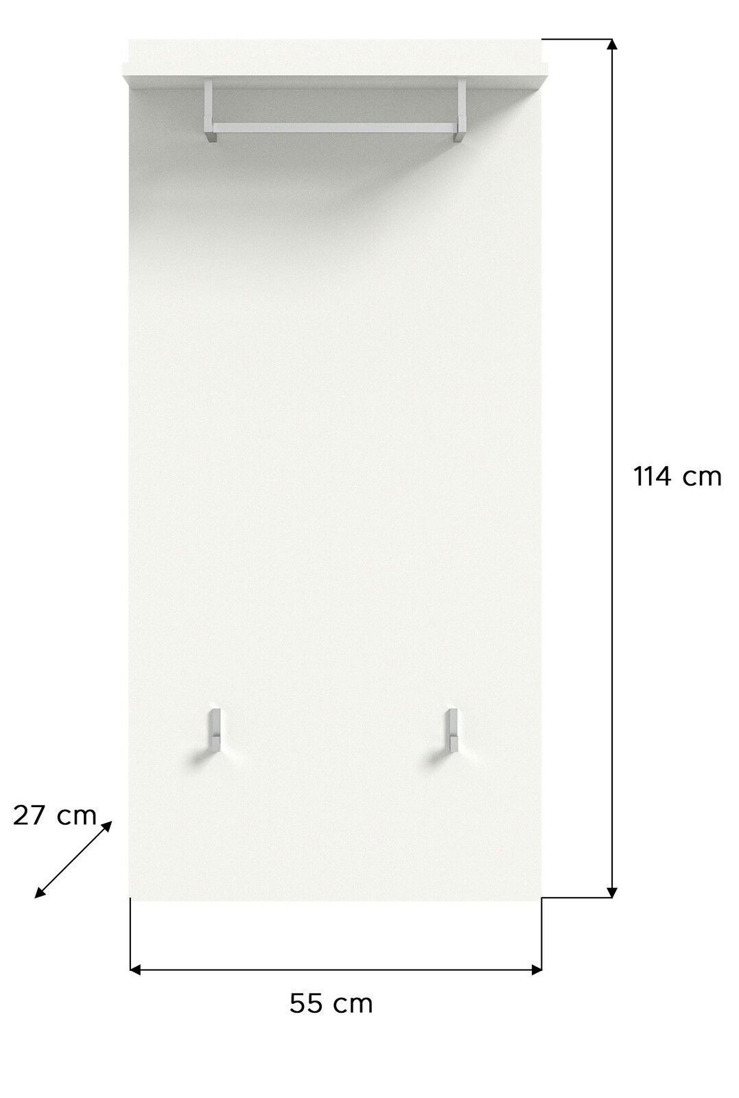 Weiße Garderobenwand mit Kleiderstange und zwei Haken, Vorderansicht, Maße 114 cm hoch, 55 cm breit, 27 cm tief.