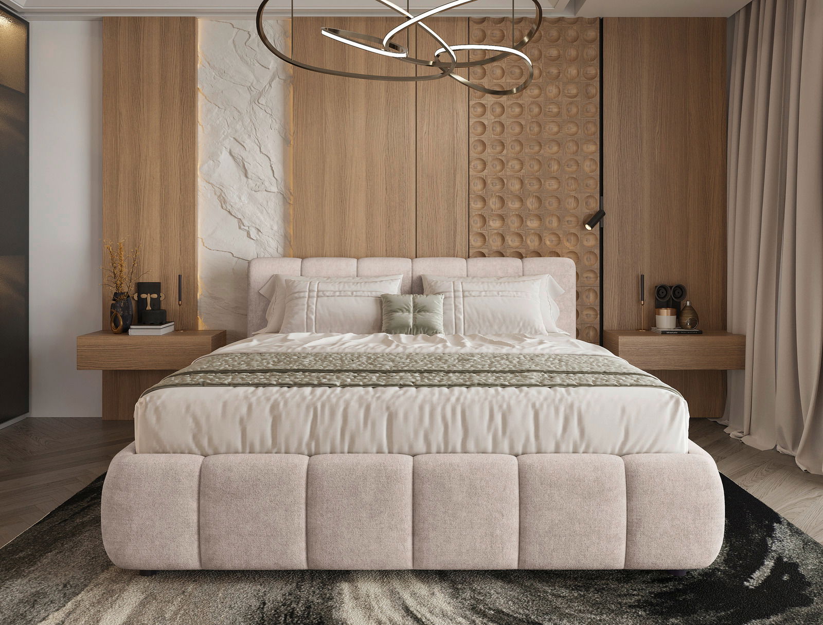 Modernes Polsterbettgestell in einem stilvollen Schlafzimmer mit Holzverkleidung und eleganter Beleuchtung, Vorderansicht.