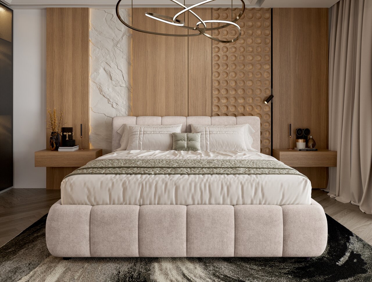 Modernes Polsterbettgestell in einem stilvollen Schlafzimmer mit Holzverkleidung und eleganter Beleuchtung, Vorderansicht.