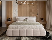 Modernes Polsterbettgestell in einem stilvollen Schlafzimmer mit Holzverkleidung und eleganter Beleuchtung, Vorderansicht.