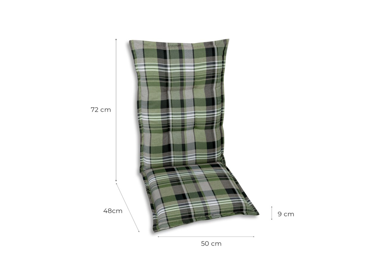 Groen geruite stoelbekleding in zijaanzicht, met de afmetingen 72 cm hoog, 48 cm zitvlak en 50 cm breed.