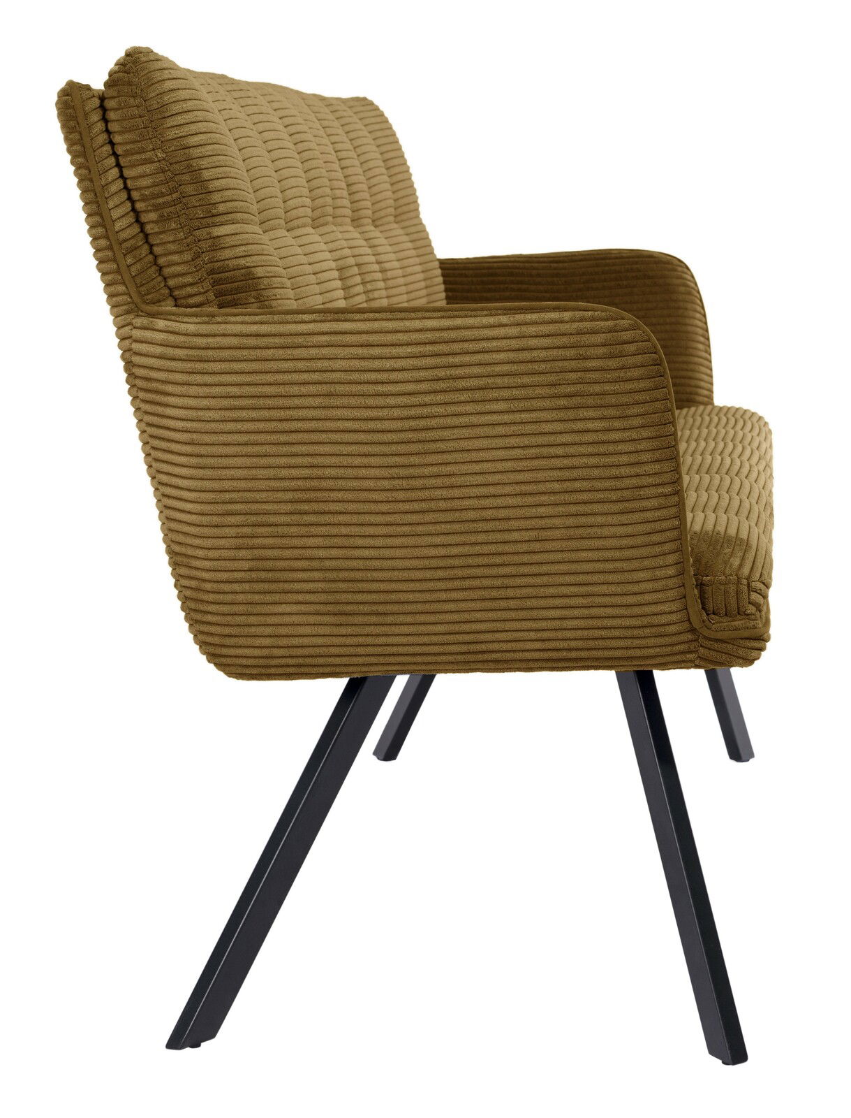 Seitenansicht eines modernen, gepolsterten Stuhls mit geripptem Stoffbezug in Braun und schwarzen Metallbeinen.