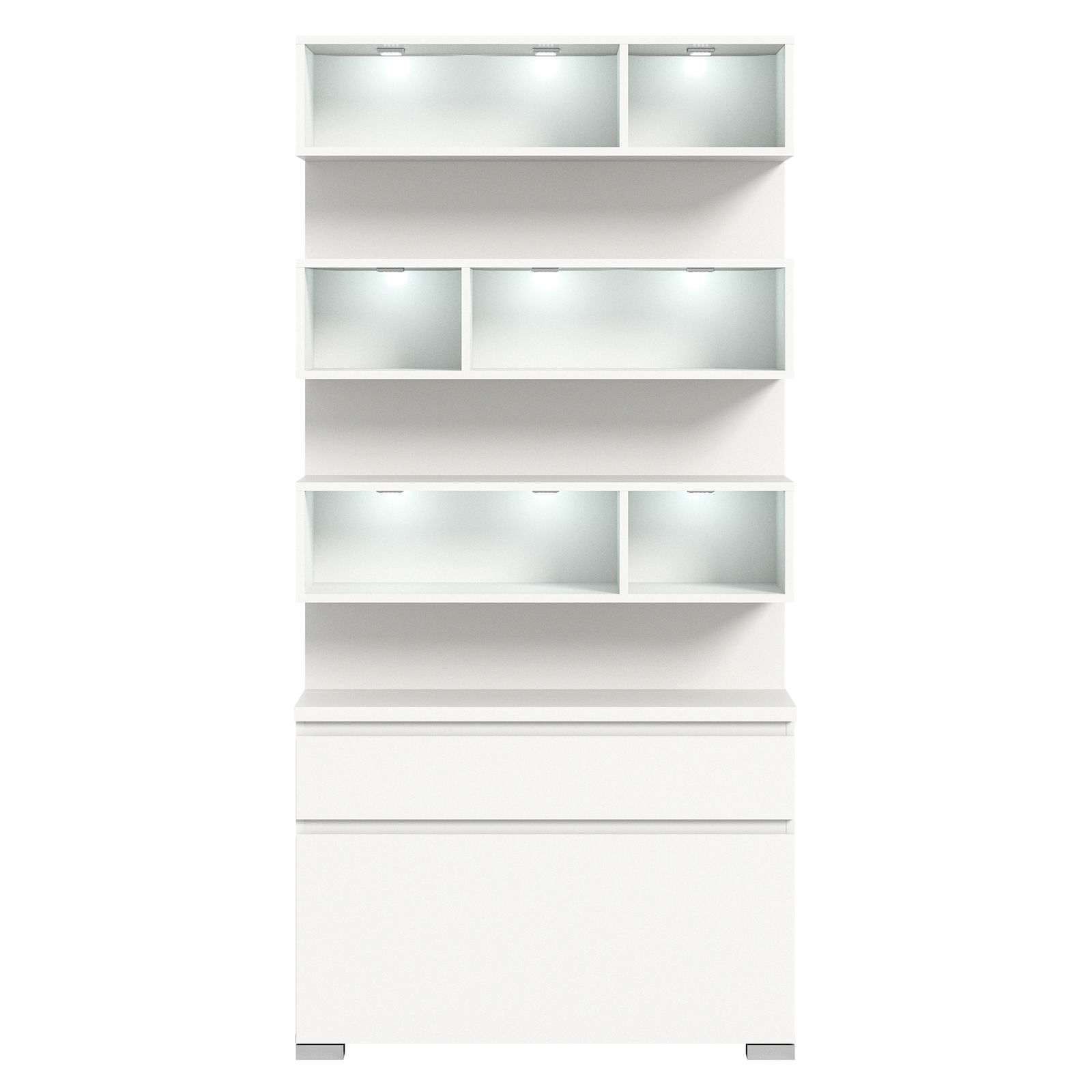 Weißes Schuhschrank-Set mit mehreren offenen Fächern und Schubladen, frontal betrachtet.