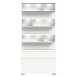 Weißes Schuhschrank-Set mit mehreren offenen Fächern und Schubladen, frontal betrachtet.