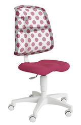Jugenddrehstuhl mit weißem Gestell, pinkem Sitz und gepunkteter Rückenlehne, seitliche Perspektive