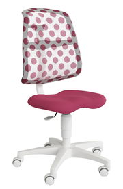Jugenddrehstuhl mit weißem Gestell, pinkem Sitz und gepunkteter Rückenlehne, seitliche Perspektive