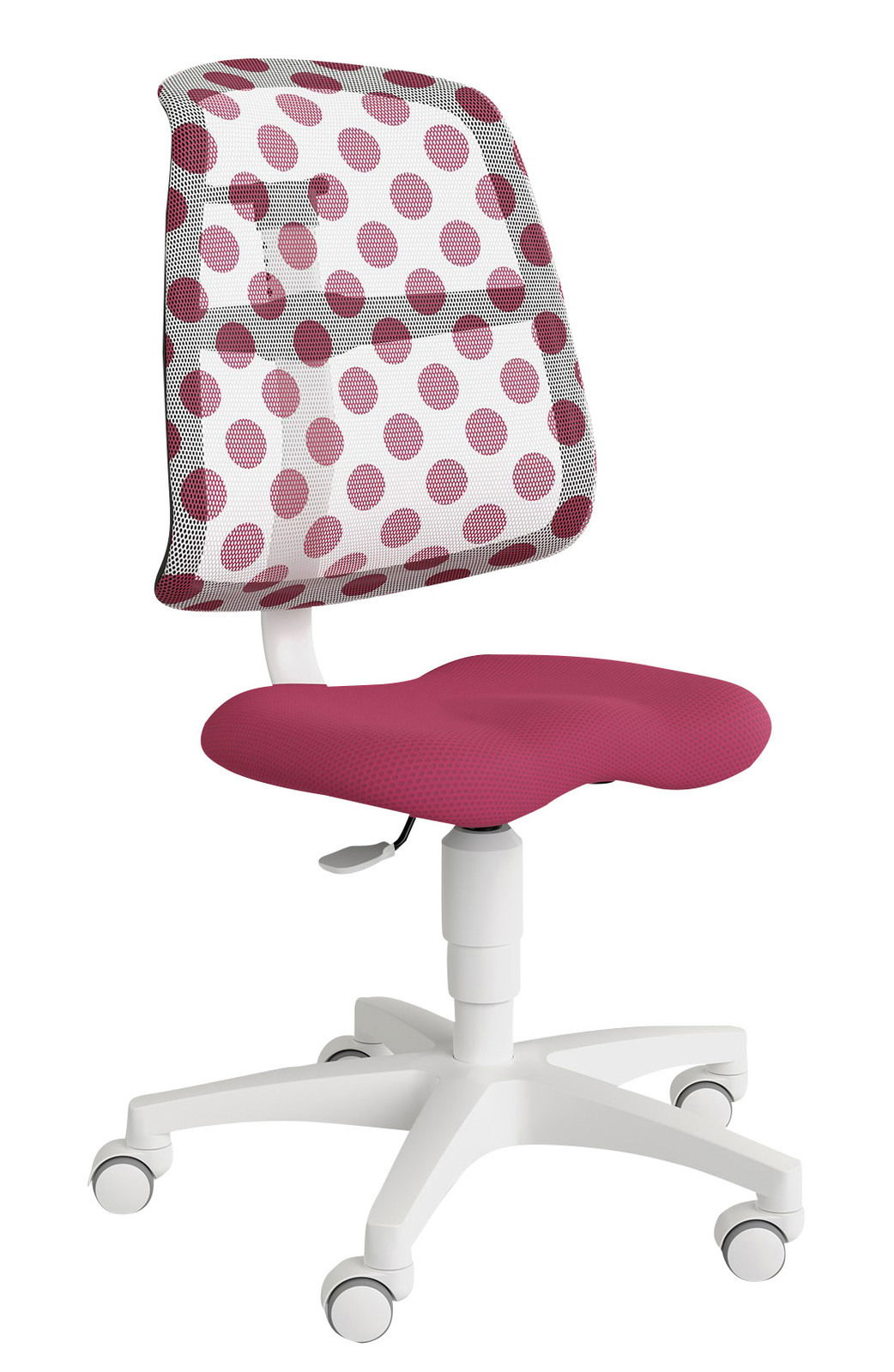 Jugenddrehstuhl mit weißem Gestell, pinkem Sitz und gepunkteter Rückenlehne, seitliche Perspektive